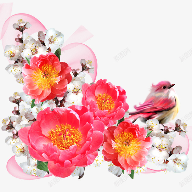 唯美花卉装饰图案png免抠素材_新图网 https://ixintu.com 小鸟 手绘 红色 花卉 装饰图案