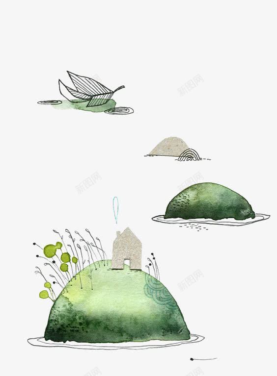手绘风景png免抠素材_新图网 https://ixintu.com 创意插画 房子 植物 水彩 绘本 绿色