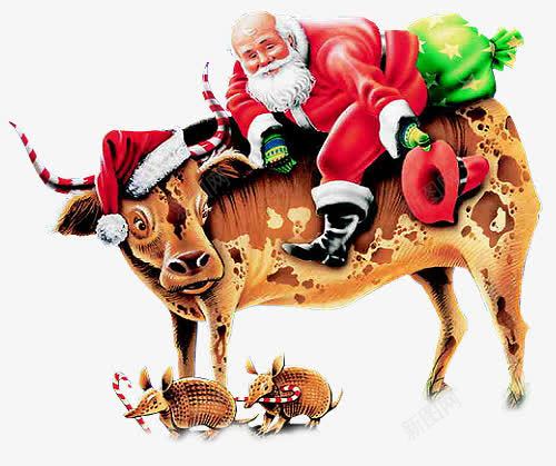 骑在牛背上的圣诞老人png免抠素材_新图网 https://ixintu.com 卡通图 圣诞素材 圣诞老公公 红色圣诞帽 黄牛