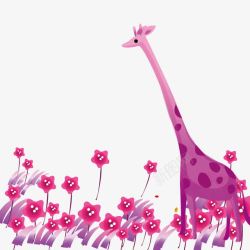 长颈鹿红紫色小花群中的长颈鹿高清图片