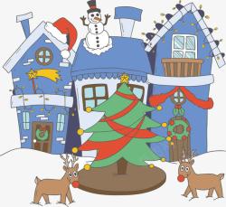 蓝色的小镇卡通手绘圣诞小镇高清图片