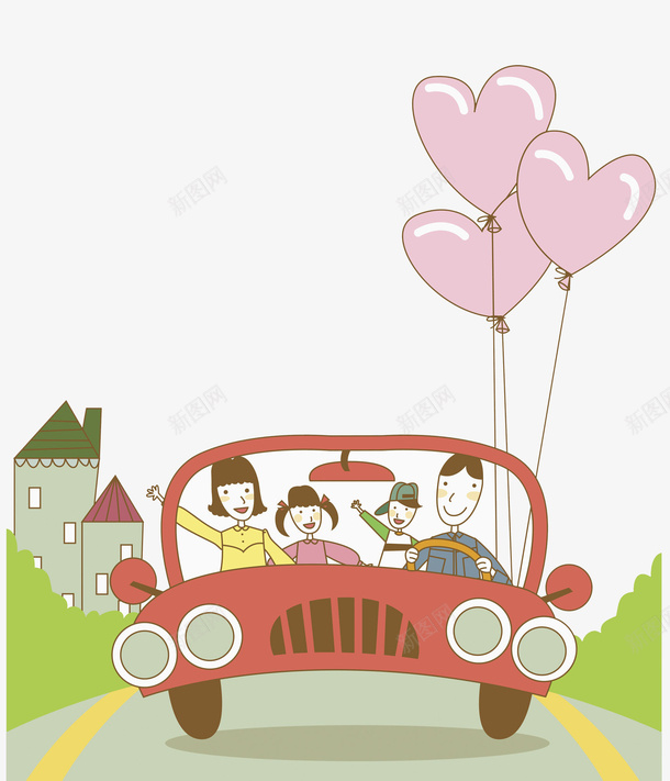 自驾游的一家人png免抠素材_新图网 https://ixintu.com 一家人 卡通 商务 彩色手绘 插图 步骤 气球 父母 粉色爱心 自驾游