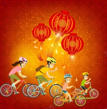 春节矢量手绘梅花一家人骑行灯笼海报背背景