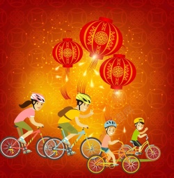 世界旅游海报春节矢量手绘梅花一家人骑行灯笼海报背高清图片