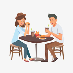 坐在桌前坐在桌前吃快餐的卡通男女矢量图高清图片