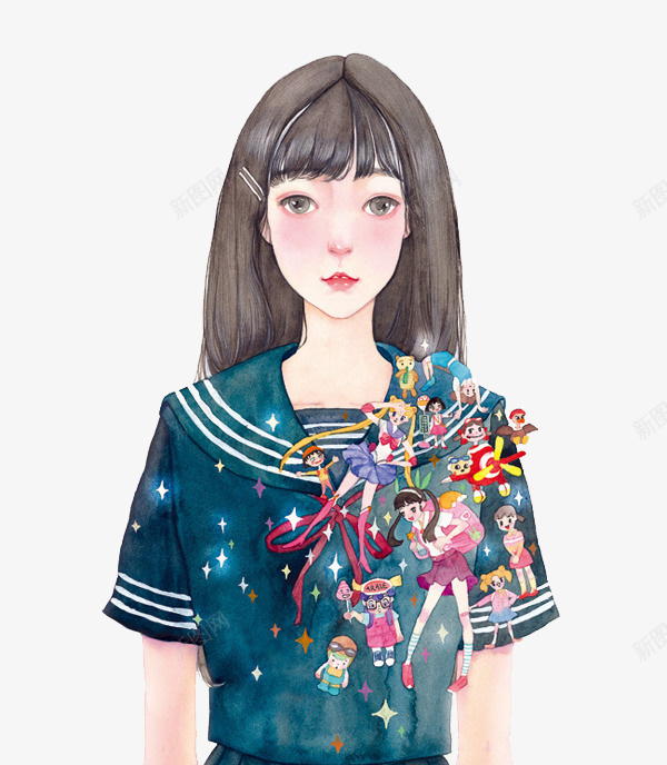 手绘文静的小女孩插画psd免抠素材_新图网 https://ixintu.com 女孩 插画 插画女孩 文静