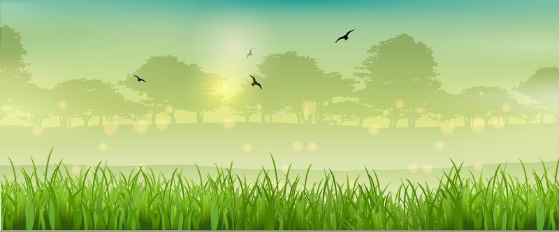 梦幻绿色草地与远处的大树淘宝春季背景矢量图背景