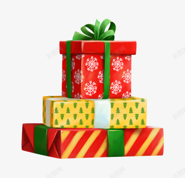 手绘立体圣诞礼物盒png免抠素材_新图网 https://ixintu.com 三个礼物盒 圣诞节日 绿色蝴蝶结 节日快乐