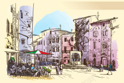 咖啡厅雨后的街景背景彩绘圣吉米尼亚诺城市风景背景图矢量图高清图片