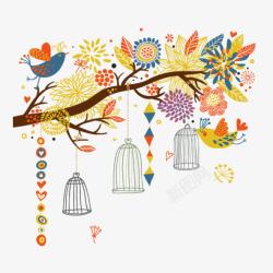 彩色鸟笼童话树高清图片