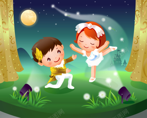 卡通儿童手绘夜晚表演帷幕草地舞者月亮背景矢量图背景