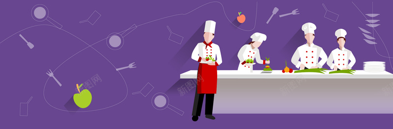 淘宝矢量卡通工作厨师烹饪苹果桌椅海报背景背景