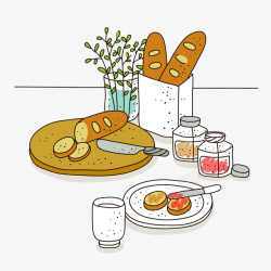 面包刀手绘餐桌食物法棍果酱高清图片