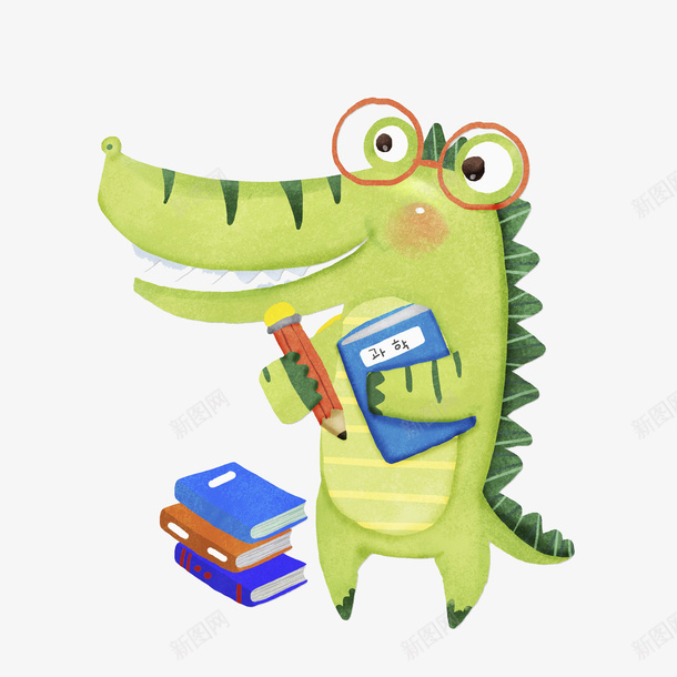 做笔记的鳄鱼png免抠素材_新图网 https://ixintu.com 书本 做笔记 卡通 插图 绿色的 认真的 鳄鱼