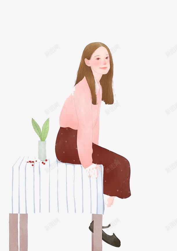 卡通女孩png免抠素材_新图网 https://ixintu.com 卡通 坐着 坐着的小朋友 女孩 手绘 水彩 绿叶 装饰 长发