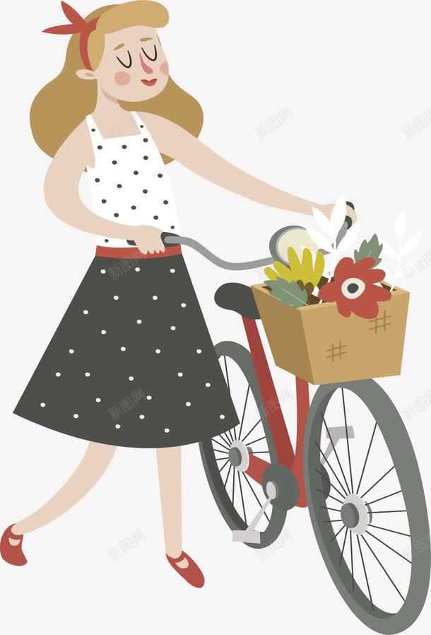 推着自行车的女孩png免抠素材_新图网 https://ixintu.com 推车的女孩 矢量png 红色单车 脚踏车 自行车 车筐鲜花
