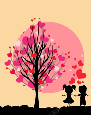 可爱卡通人物剪影爱情树矢量背景背景
