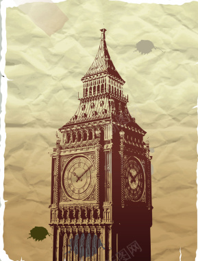 复古英伦大钟楼褶皱纸张创意封面背景矢量图背景