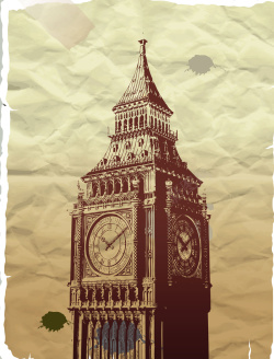 做旧信封面复古英伦大钟楼褶皱纸张创意封面背景矢量图高清图片