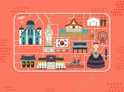 韩国济州岛手绘矢量旅游韩国景福宫景点地图海报背景高清图片