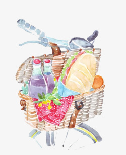 手绘水彩绘画自行车野餐食物素材
