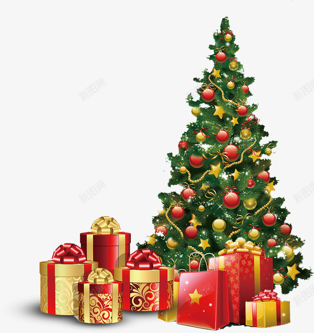 圣诞树礼物png免抠素材_新图网 https://ixintu.com 圣诞树 圣诞节 礼物盒 金色礼物