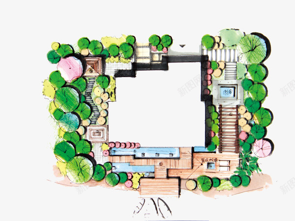 广场png免抠素材_新图网 https://ixintu.com 地板 房子 手绘建筑 树