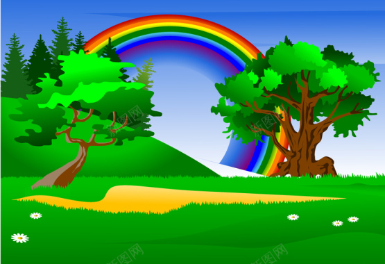 卡通绿色大树彩虹背景矢量图背景