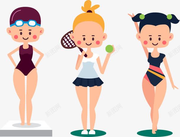 手绘运动健将png免抠素材_新图网 https://ixintu.com 体操 女将 手绘 打网球 游泳 运动健将