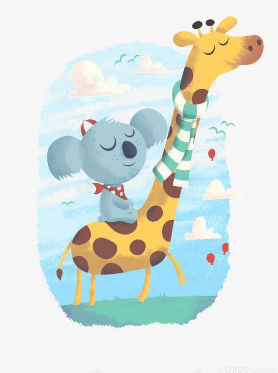 骑着长颈鹿png免抠素材_新图网 https://ixintu.com 儿童 动物 卡通 手绘 拟人 插画 童话 绘本 考拉 长颈鹿