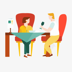 坐着的男女红黄色卡通坐着就餐的男女矢量图高清图片