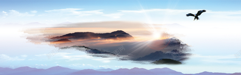 中国风远山背景图psd设计背景_新图网 https://ixintu.com 中国风 海报banner 笔刷 老鹰 远山 阳光