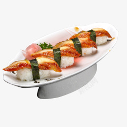 木质盘子鳗鱼寿司白色盘子鳗鱼寿司餐饮食品高清图片