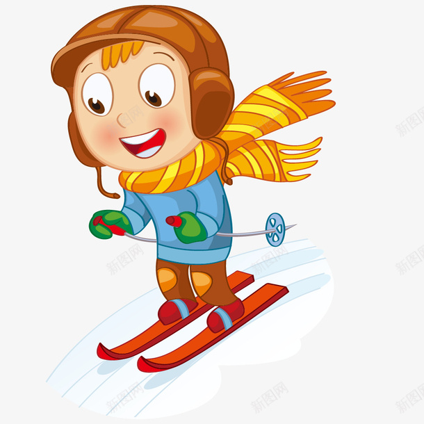 滑雪运动png免抠素材_新图网 https://ixintu.com 卡通 女孩 小人 手绘 棕色 滑雪 红色 雪橇 黄色