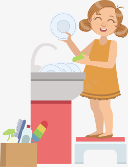 一个正在洗碗的女孩矢量图素材