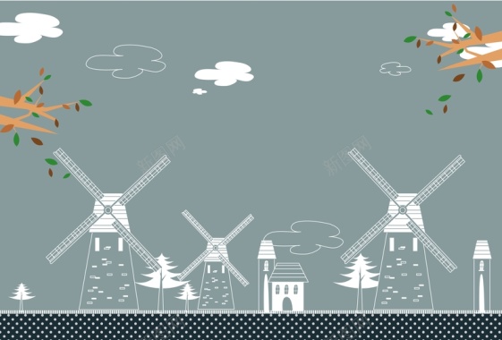 矢量手绘旅游荷兰风车背景背景