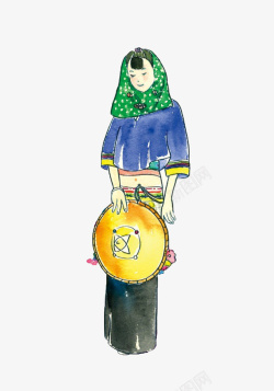 绿头巾拿草帽的惠安女孩水彩画高清图片