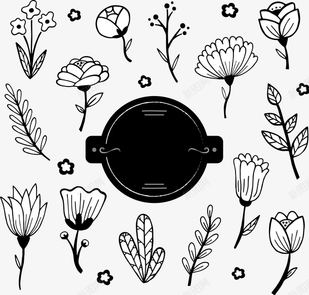 黑白花卉植物装饰矢量图ai免抠素材_新图网 https://ixintu.com 植物 花卉 装饰 黑白 矢量图