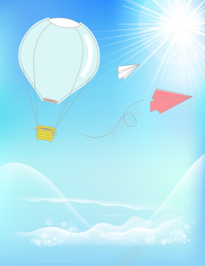清新蓝天白云热汽球纸飞机海报背景矢量图背景