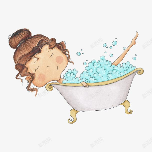 卡通手绘洗澡的女孩png免抠素材_新图网 https://ixintu.com 创意 动漫动画 卡通手绘 洗澡的女孩 洗澡盆 简约