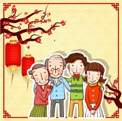 春节回家团聚一家人老人小孩子灯笼海报背景矢量图背景