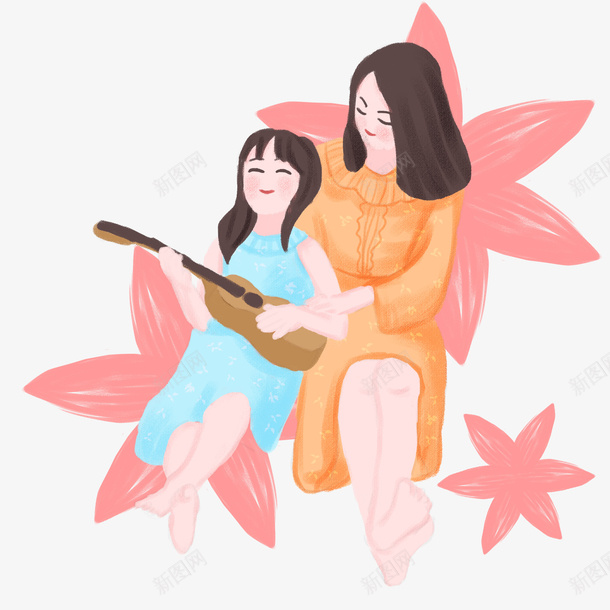 粉色花朵上的母女png免抠素材_新图网 https://ixintu.com 乐器 卡通人物 卡通手绘 小提琴 母与女 母女 粉色花朵 装饰图
