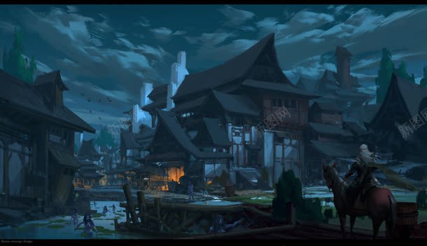 黑夜城镇手绘游戏背景