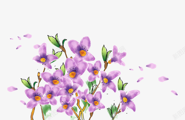 手绘紫色花朵叶子png免抠素材_新图网 https://ixintu.com 手绘鲜花 春天花朵 水彩花朵 绿色花卉叶子