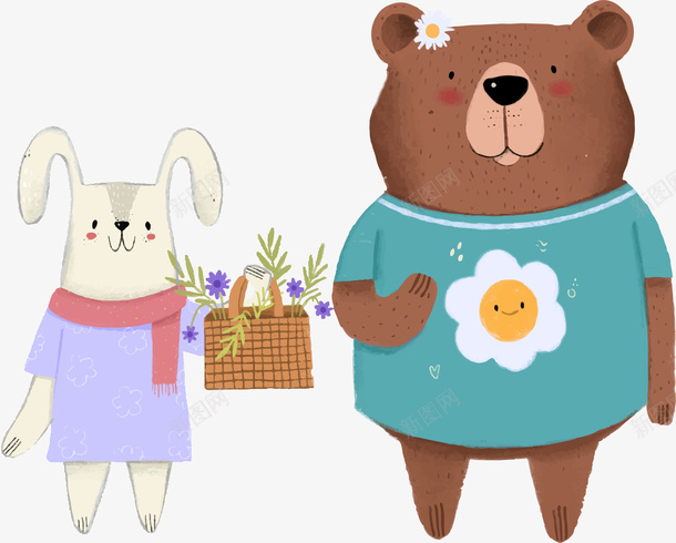 可爱熊和小兔子png免抠素材_新图网 https://ixintu.com 动物 卡通熊 友谊 友谊万岁 小兔子 幼儿园 抓气球的熊 朋友 森林 穿衣服的兔子 黑熊