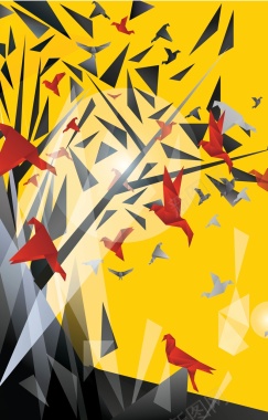 树枝上的千纸鹤和三角形背景矢量图背景