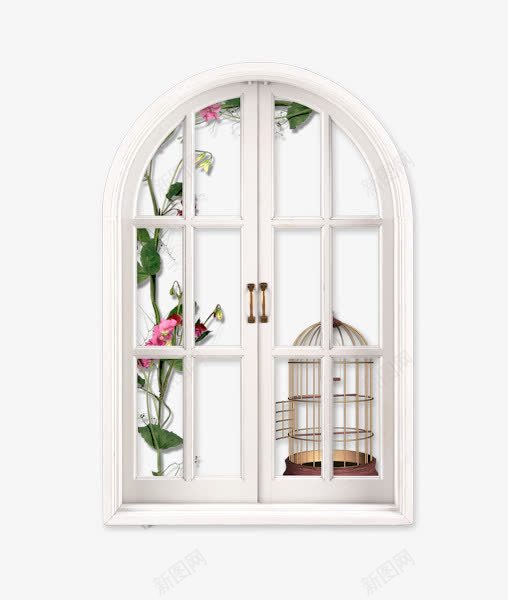 白色的窗户png免抠素材_新图网 https://ixintu.com 植物 白色 白色窗框 窗户 笼子 装饰