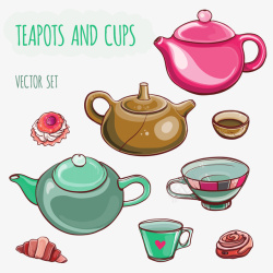 6款彩色茶壶与茶杯矢量图素材
