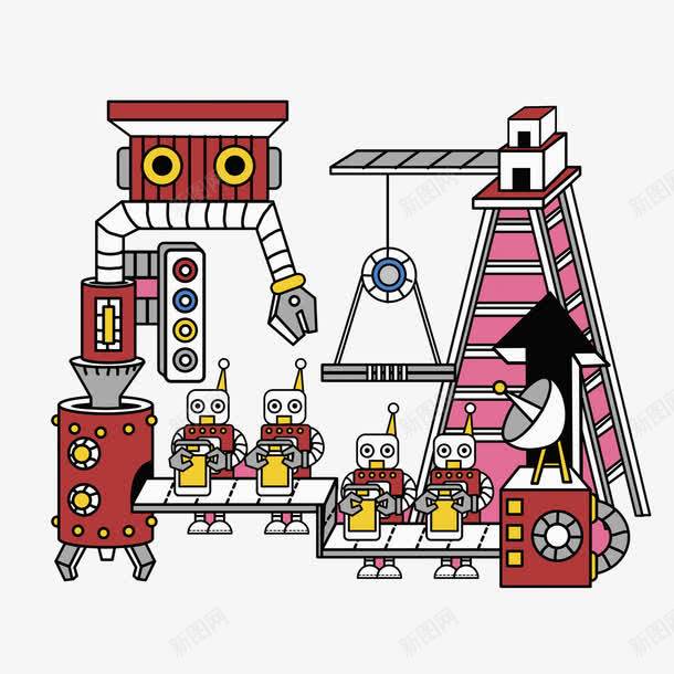 机器人工厂png免抠素材_新图网 https://ixintu.com 信号接收器 卡通 手绘 机器人工厂 梯子 水彩 红色