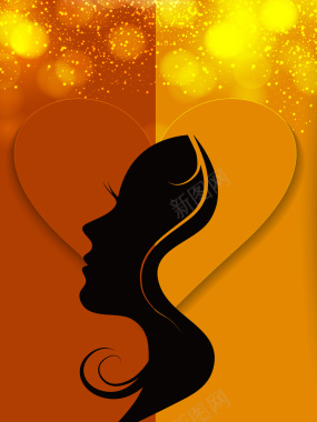 金色心形女性侧脸剪影妇女节海报背景矢量图背景